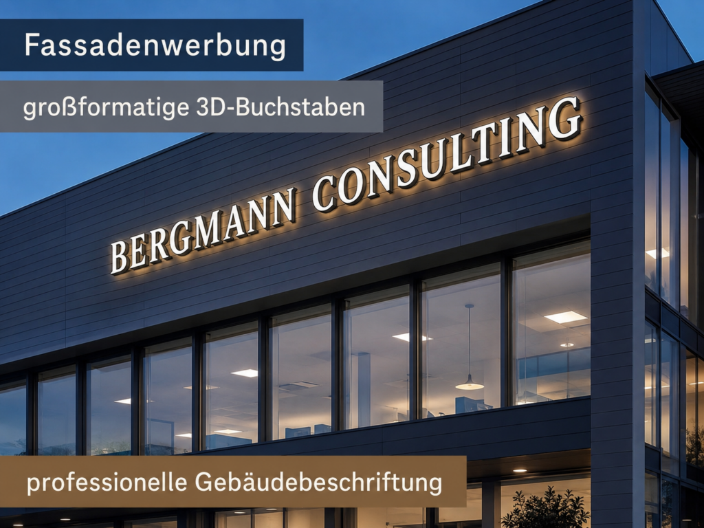 Moderne Fassadenwerbung an einem Bürogebäude mit beleuchteter 3D-Beschriftung BERGMANN CONSULTING und Textbannern