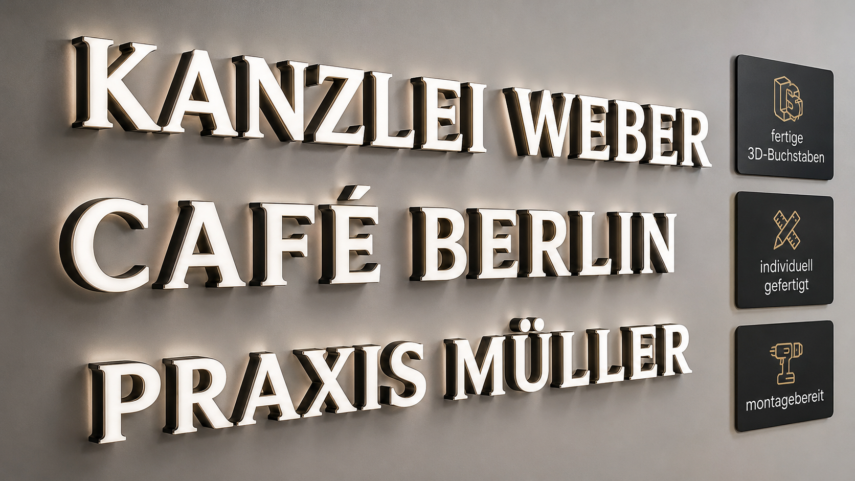 Leuchtende 3D-Buchstaben an grauer Wand mit den Namen "KANZLEI WEBER", "CAFÉ BERLIN" und "PRAXIS MÜLLER" sowie drei schwarze Hinweisschilder rechts.