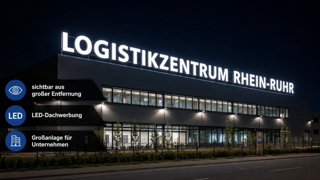 Nachtansicht eines Firmengebäudes mit großer LED-Dachwerbung „LOGISTIKZENTRUM RHEIN-RUHR“ und eingeblendeten Infotexten links