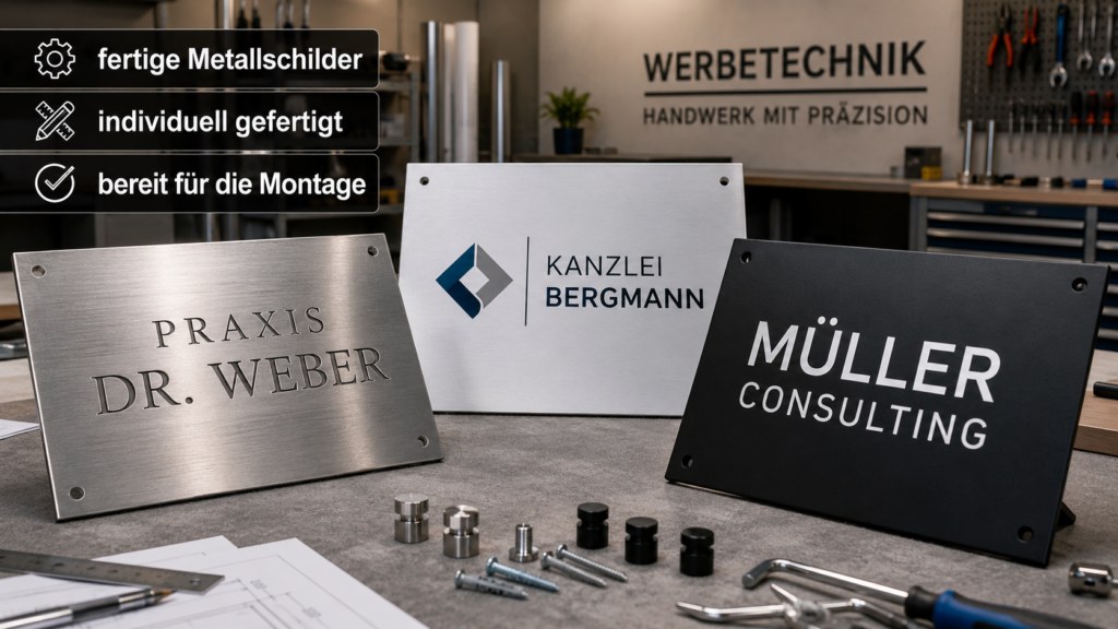 Drei fertig gebohrte Metallnamensschilder auf Werkbank—links "PRAXIS DR. WEBER", Mitte silbernes "KANZLEI BERGMANN" mit Logo, rechts schwarzes "MÜLLER CONSULTING".