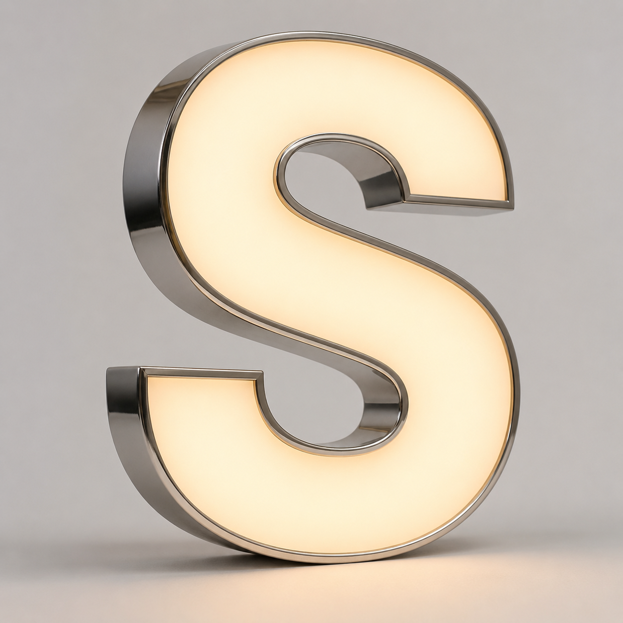 Großes, beleuchtetes Leuchtschild in Form des Buchstabens S mit glänzendem Metallrand vor neutralem Hintergrund.