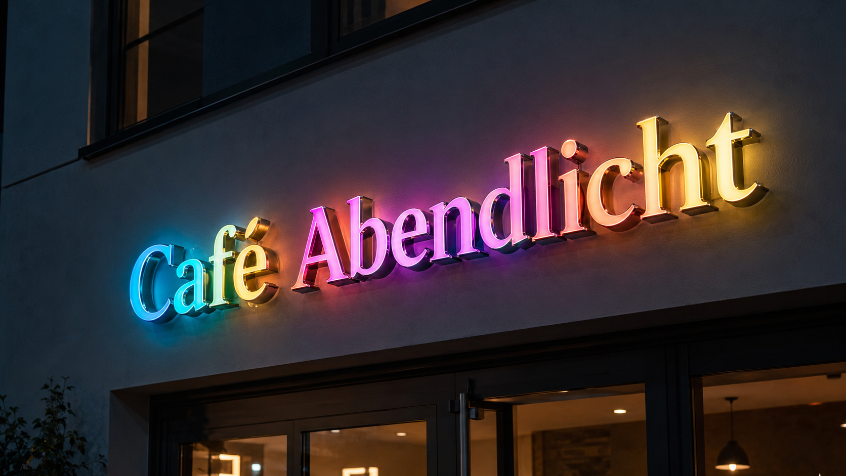 Bunt beleuchtetes Leuchtschild mit der Aufschrift "Café Abendlicht" über einem Eingangsbereich bei Nacht.