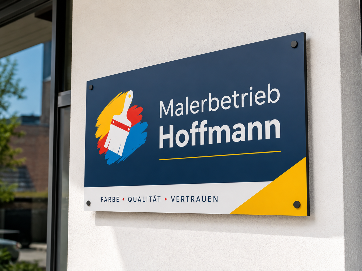 Schild an Hauswand mit Logo eines Pinsels und Text "Malerbetrieb Hoffmann", dazu Slogan "Farbe · Qualität · Vertrauen".