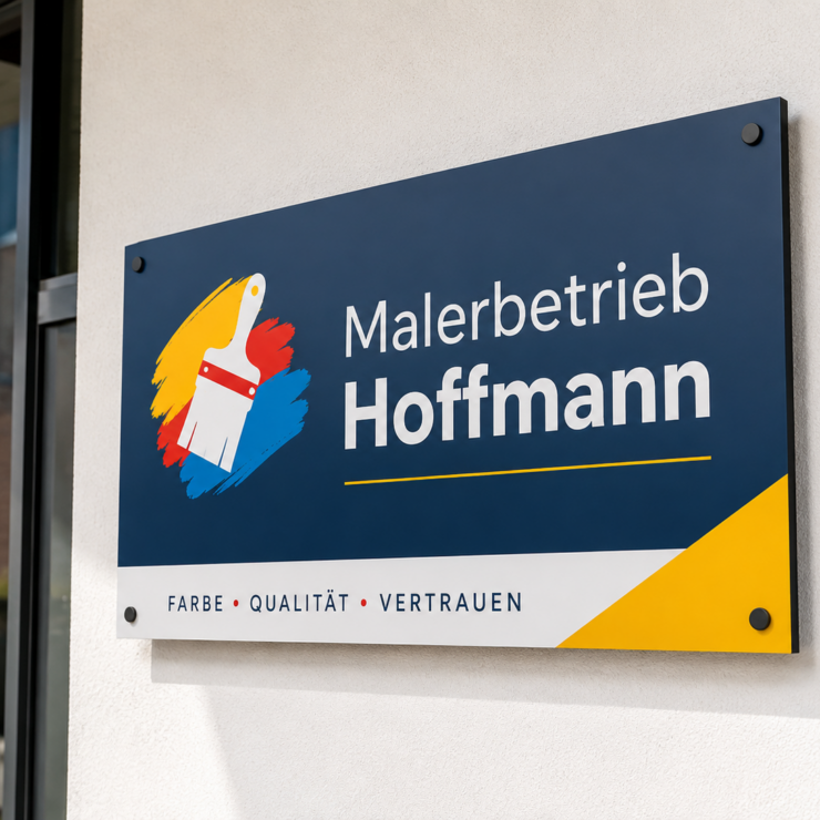 Schild an Hauswand mit Logo eines Pinsels und Text "Malerbetrieb Hoffmann", dazu Slogan "Farbe · Qualität · Vertrauen".