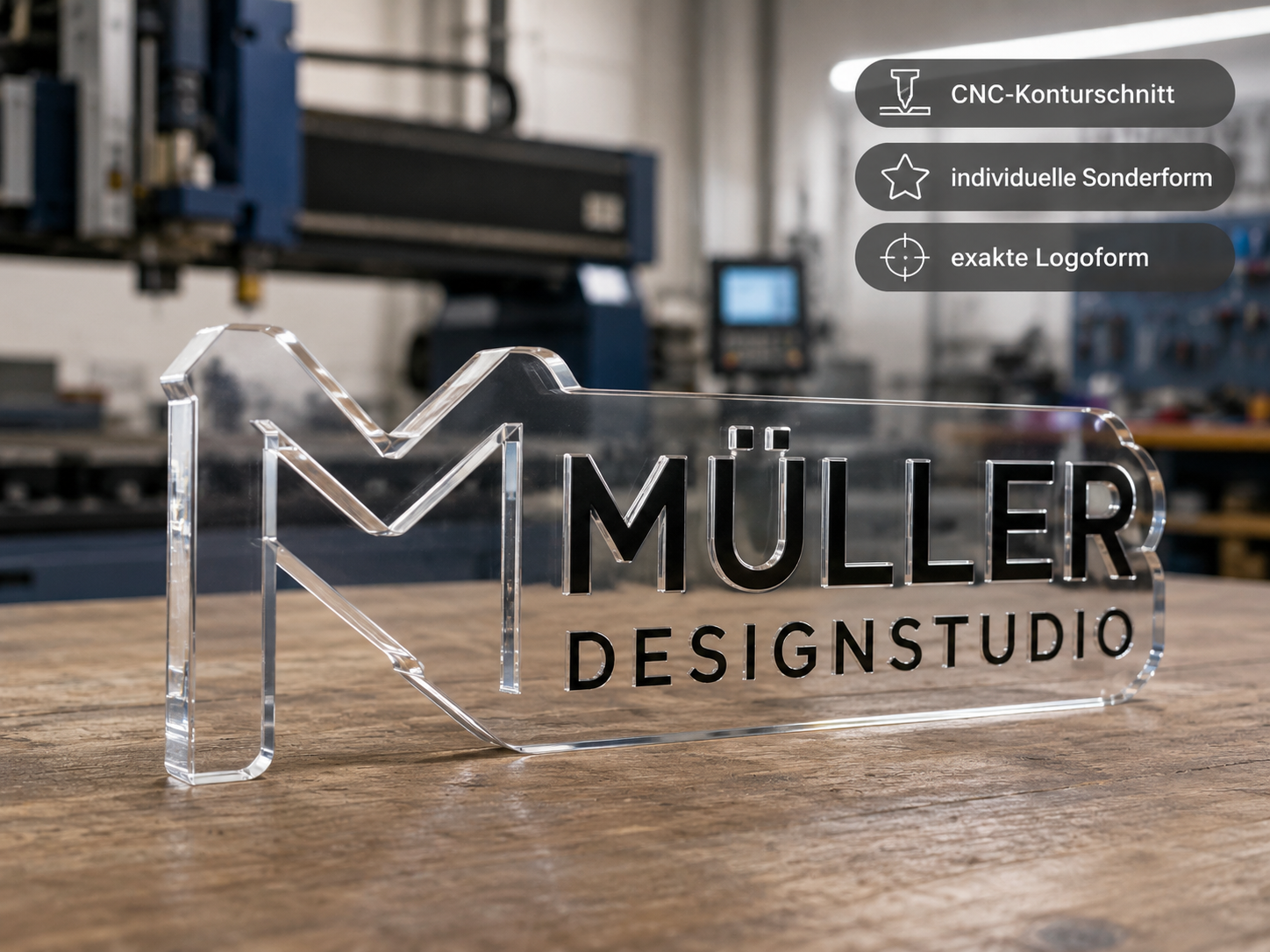 Transparente Acryl-Logoform mit „MÜLLER DESIGNSTUDIO“ auf Holztisch in Werkstatt, daneben drei deutsche Hinweislabels