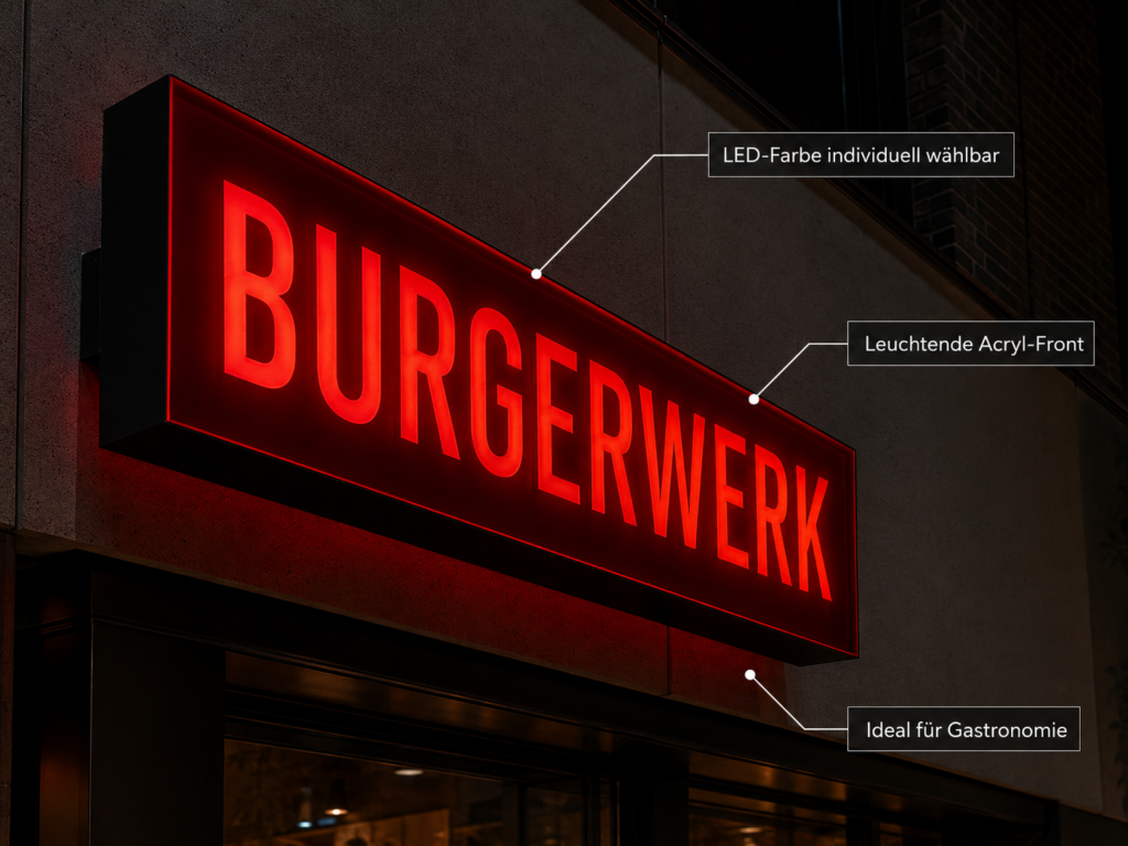 Leuchtendes rotes Leuchtschild mit großem Schriftzug "BURGERWERK" und Beschriftungs-Pins zu LED-Farbe, Acryl-Front und Gastronomie-Eignung.