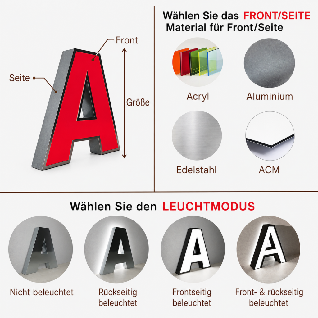 3D-Buchstabe A mit roter Front und grauer Seite; rechts Materialoptionen (Acryl, Aluminium, Edelstahl, ACM) und vier Leuchtmodi erklärt.