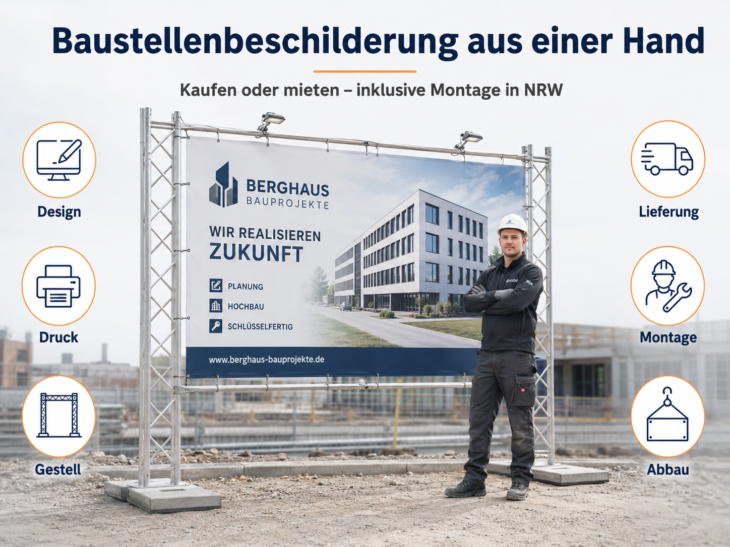 Bauarbeiter mit Helm steht vor großem Werbebanner an Baustelle, Banner zeigt Firmenlogo "Berghaus Bauprojekte" und Gebäudevisualisierung.
