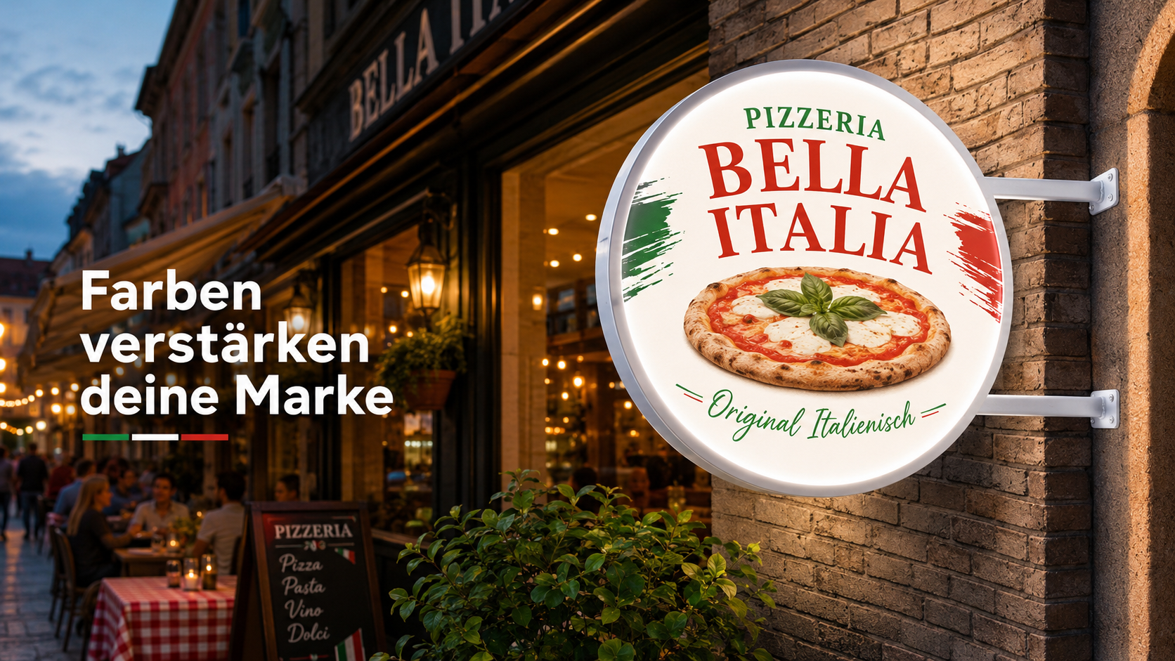Abendliche Straßenszene vor einer Pizzeria mit rundem Leuchtschild „Bella Italia“ und Bild einer Margherita, Tischen mit Gästen.