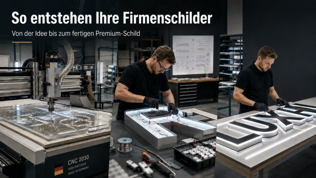 Dreiteilige Werkstattansicht: links CNC-Fräse bearbeitet Acrylplatten, Mitte Techniker verbindet LED-Module in einem Leuchtbuchstaben, rechts Montage fertiger beleuchteter Firmenbuchstaben auf Tisch.