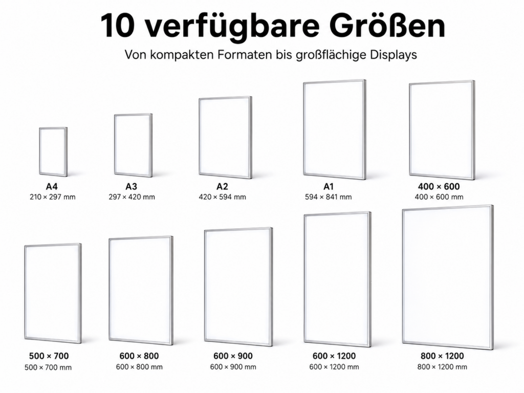 Zehn weiße Bilderrahmen in verschiedenen Größen (A4, A3, A2, A1, 400×600, 500×700, 600×800, 600×900, 600×1200, 800×1200) mit Maßen.