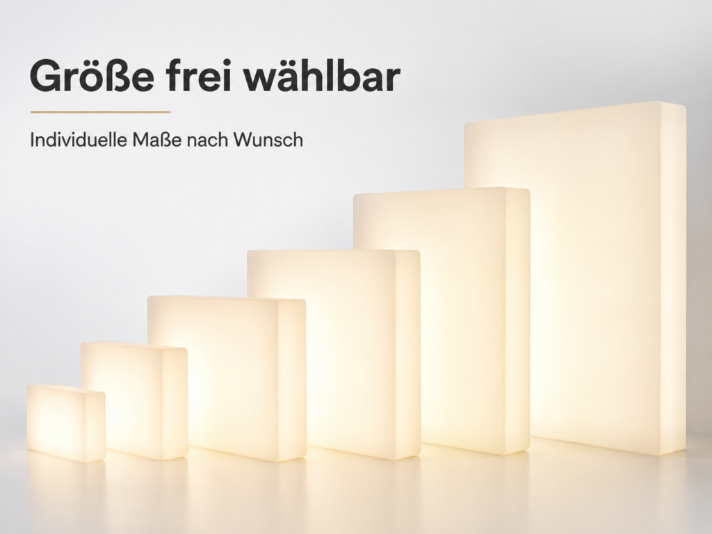 Sechs leuchtende, rechteckige Lichtblöcke in gestaffelter Größe vor hellem Hintergrund, Text „Größe frei wählbar“ und „Individuelle Maße nach Wunsch“.