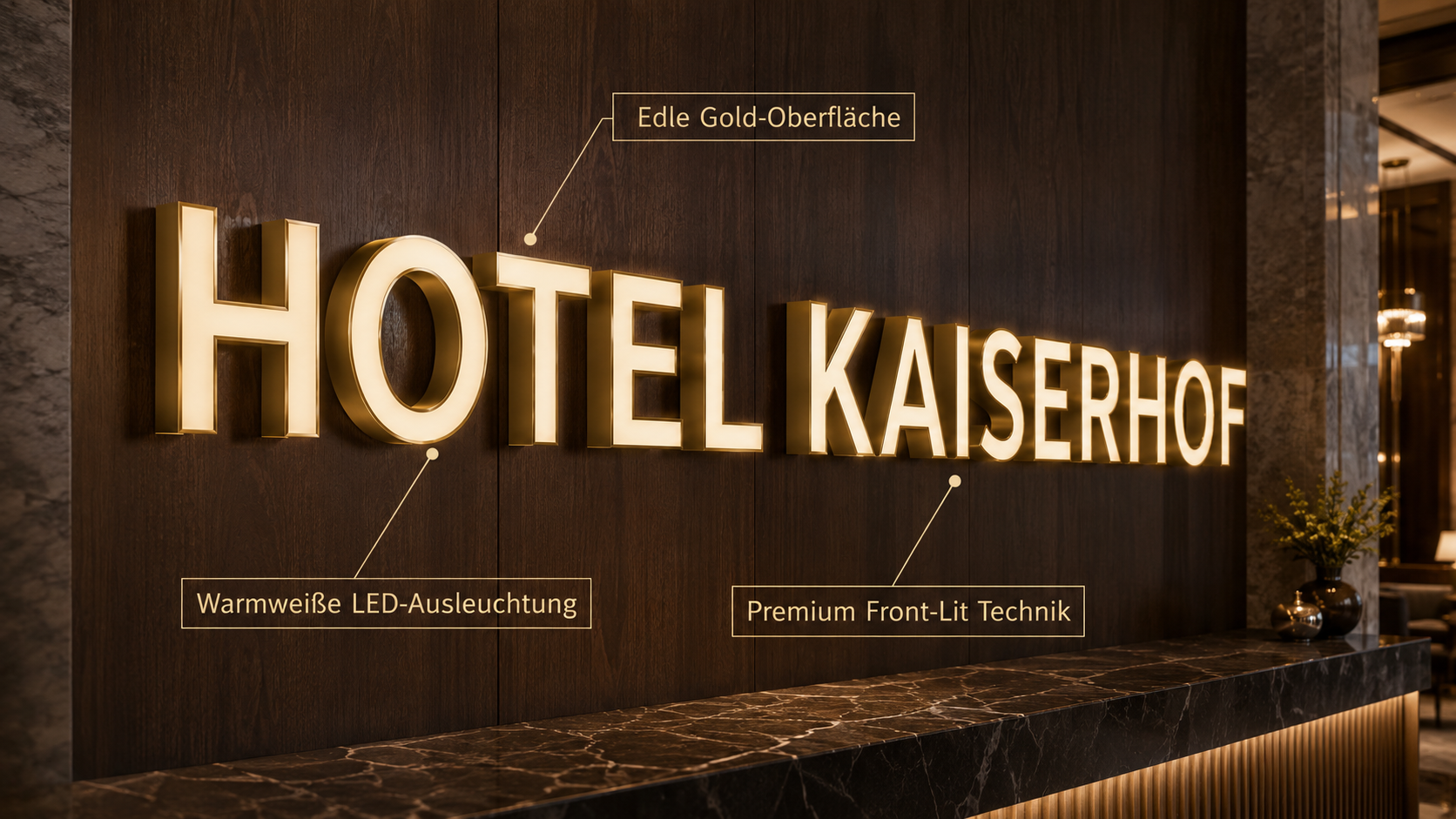 Großes goldleuchtendes Schriftzug-Logo "HOTEL KAISERHOF" mit warmweißer LED-Frontbeleuchtung auf dunkler Holzwand und Marmorempfangstheke.