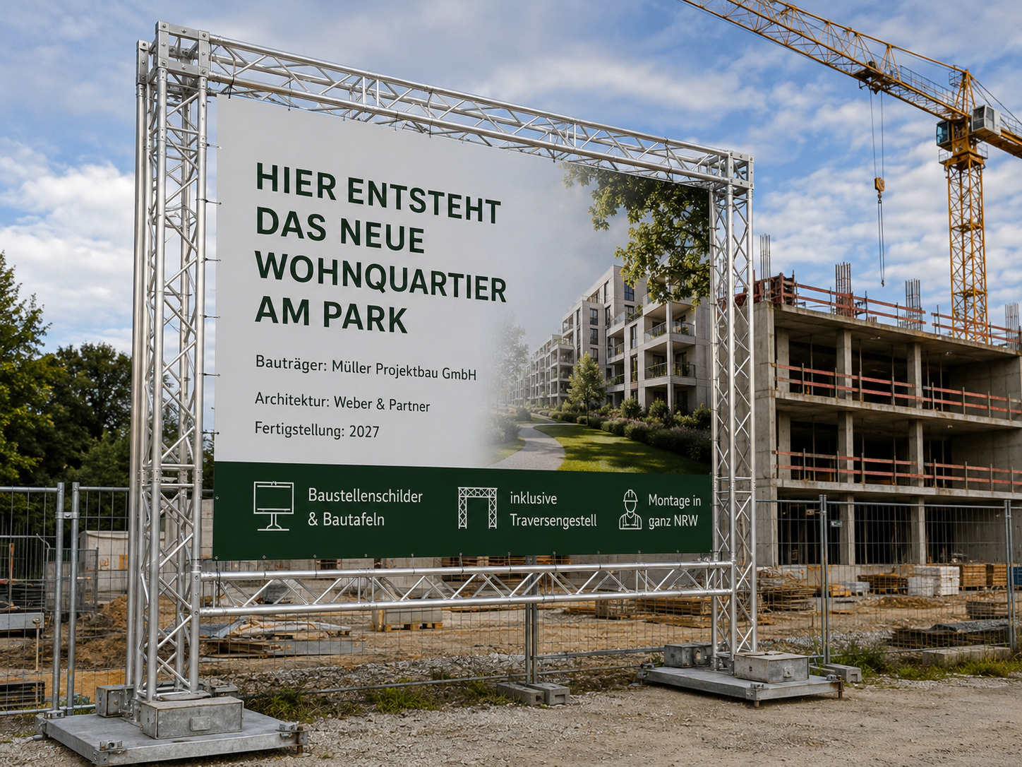 Großes Baustellenschild mit Text „Hier entsteht das neue Wohnquartier am Park“, Bebauungsvisualisierung und Firmeninfos vor Rohbau und Kran