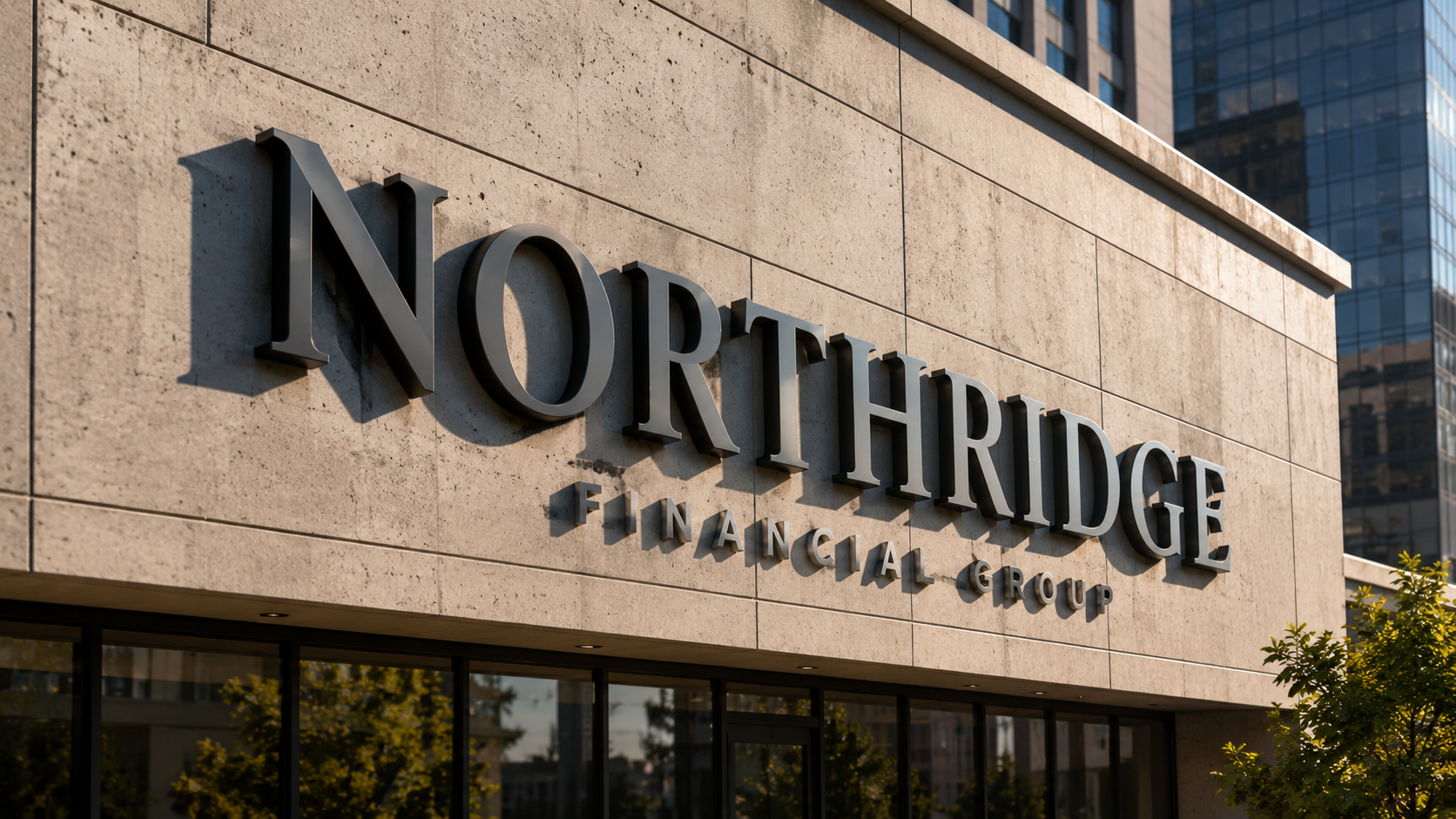Fassadenbeschriftung "NORTHRIDGE" in großen schwarzen 3D-Buchstaben über einem Gebäudeeingang, darunter kleinere Schrift "Financial Group".