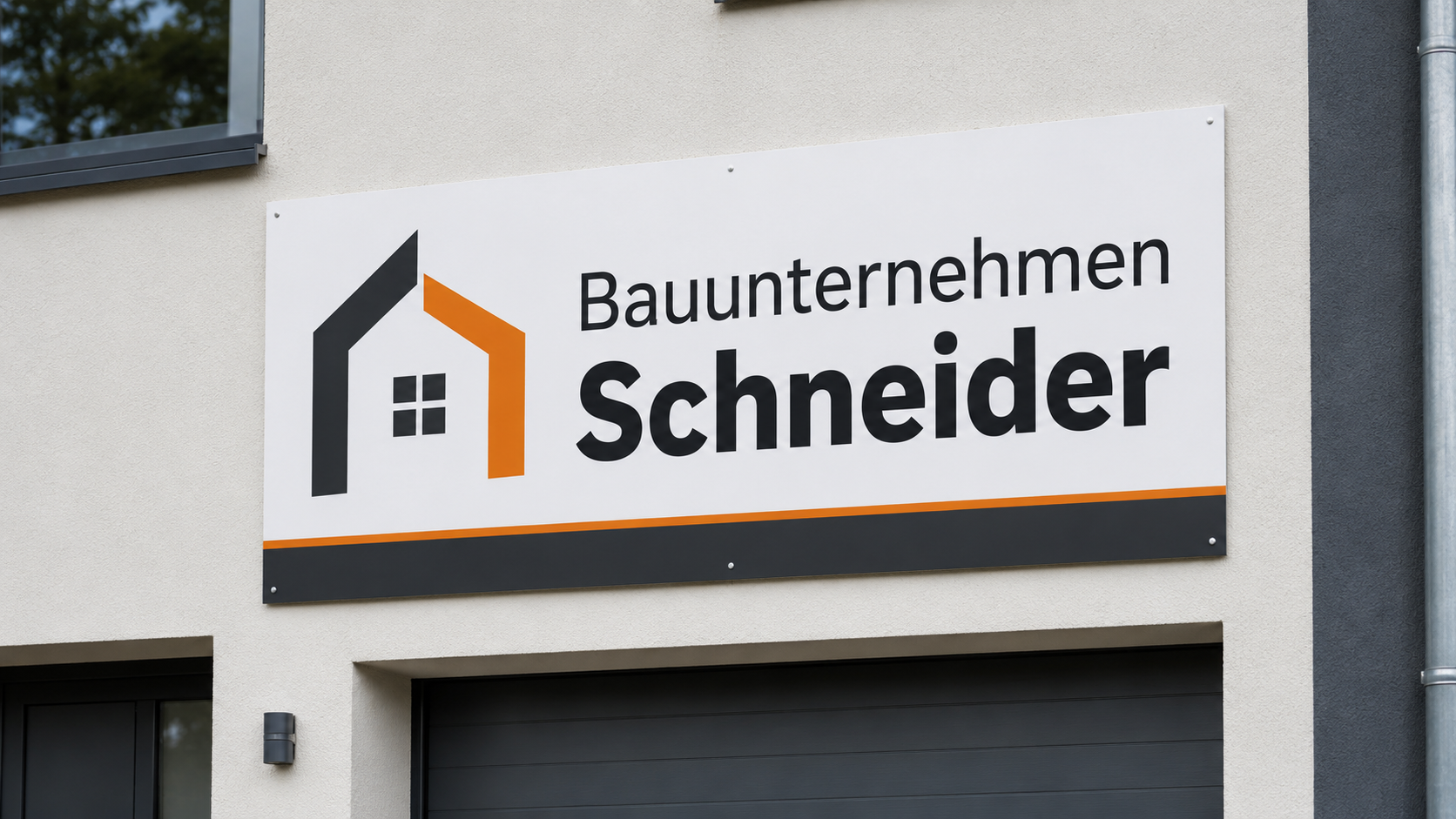Schild an Hausfassade mit Logo und Schriftzug "Bauunternehmen Schneider" in schwarz und orange.
