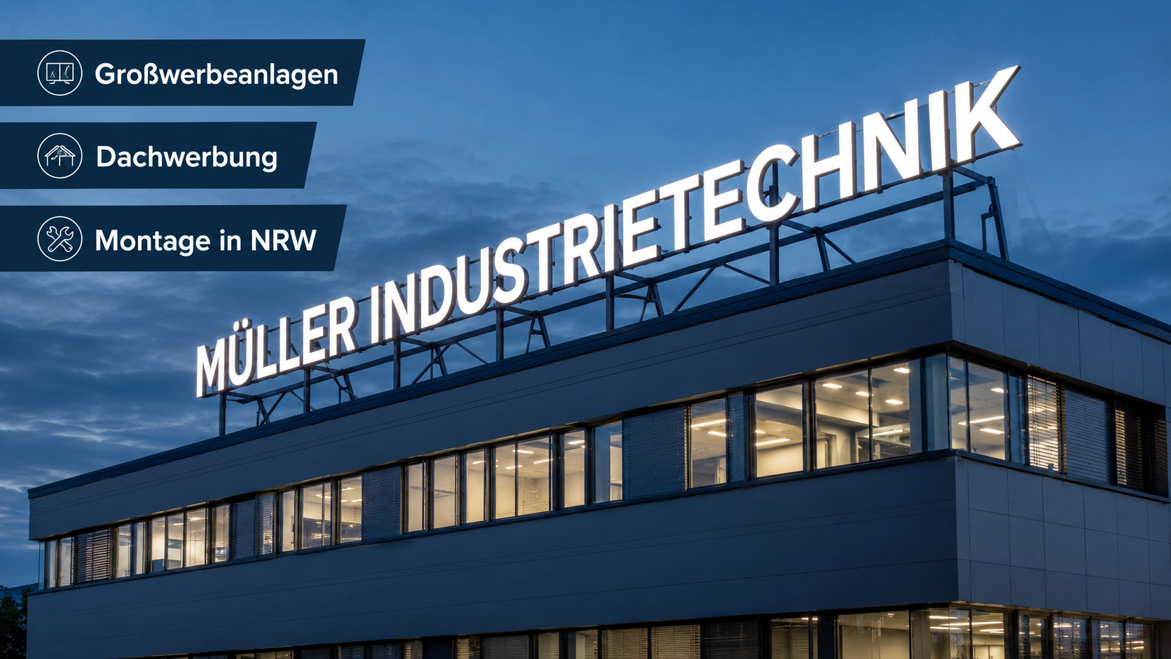 Moderne Firmenfassade mit beleuchtetem Dachschriftzug MÜLLER INDUSTRIETECHNIK und Hinweis auf Großwerbeanlagen, Dachwerbung und Montage in NRW