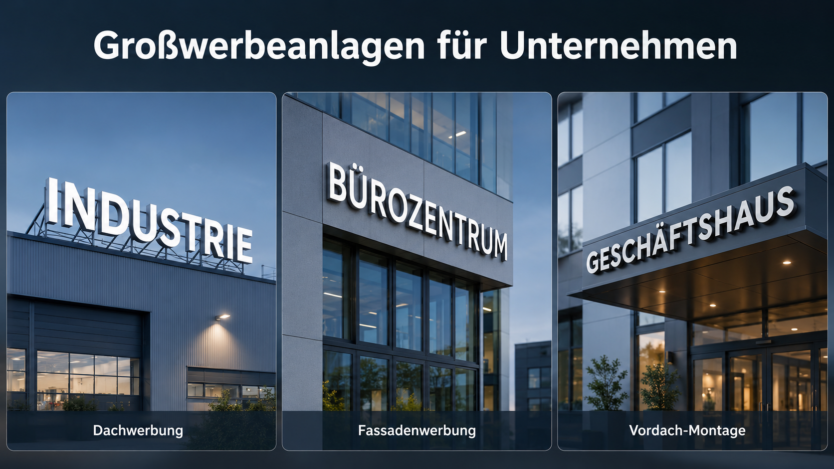 Werbegrafik mit drei Beispielen für Großwerbeanlagen: Dachwerbung, Fassadenwerbung und Vordach-Montage