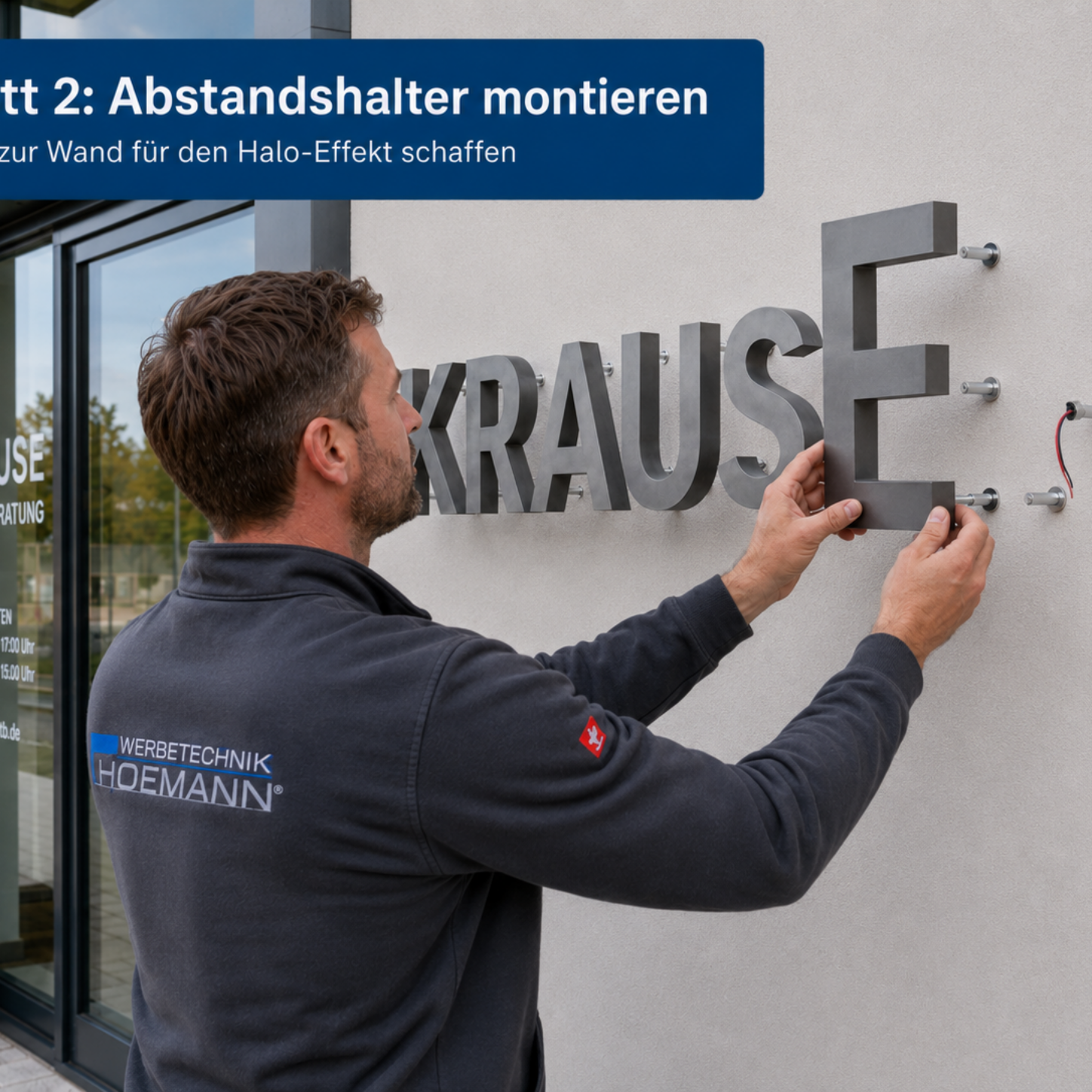 Monteur befestigt metallische 3D-Buchstaben "KRAUSE" an Wand mit Abstandshaltern, sichtbare Kabel und Beschriftung auf Jacke.