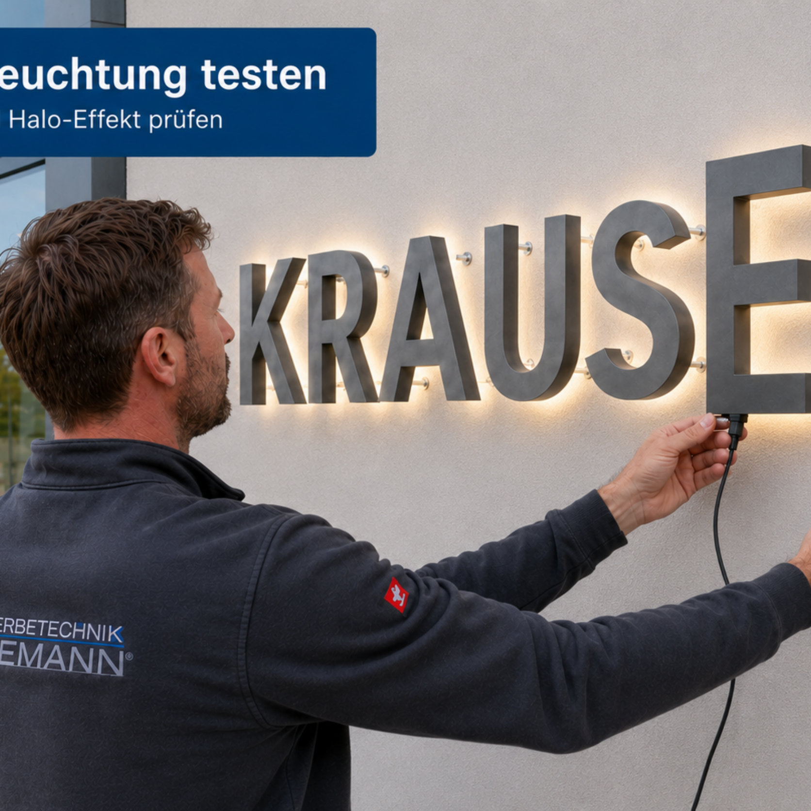 Handwerker verbindet Stromkabel an beleuchteten Außenbuchstaben „KRAUSE“, Halo-Licht an grau gestrichener Fassade prüfend.