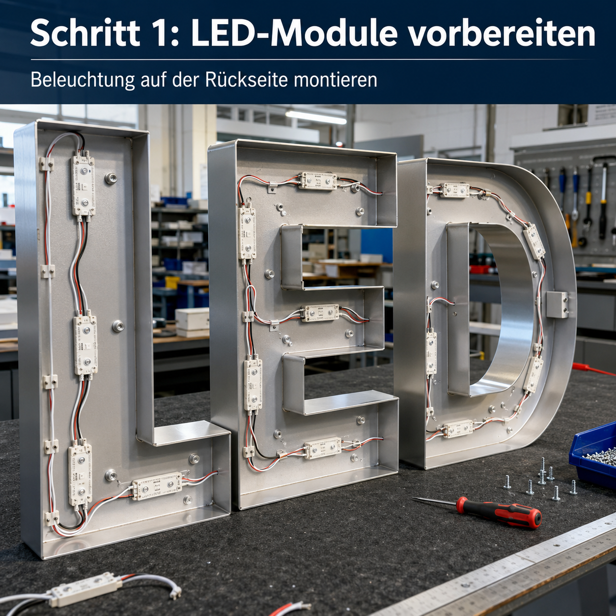 Große Metallbuchstaben "LED" auf einer Werkbank, Rückseiten mit montierten LED-Modulen, Kabeln und Schrauben, Schraubendreher sichtbar.
