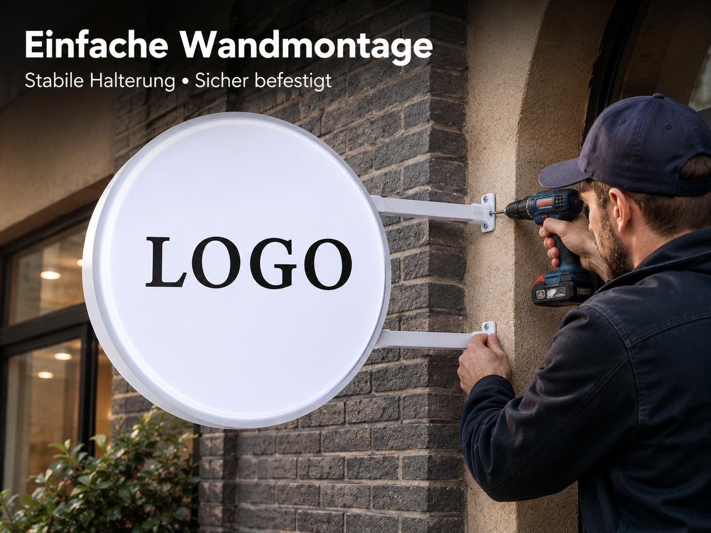 Mann befestigt mit Akku-Bohrschrauber eine runde Leuchtreklame mit der Aufschrift „LOGO“ an einer Mauerhalterung vor einem Geschäft.