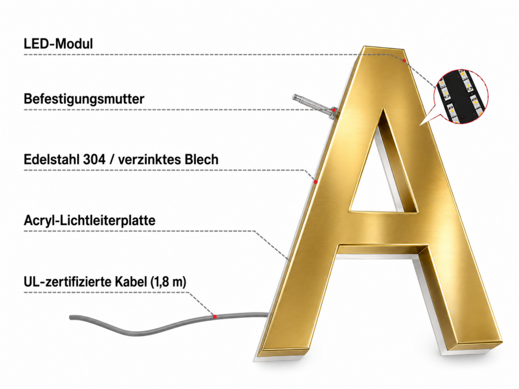 Großes goldfarbenes 3D-Letter A mit Beschriftungen zu LED-Modul, Befestigungsmutter, Edelstahl 304/verzinktes Blech, Acryl-Lichtleiterplatte und UL-Kabel.