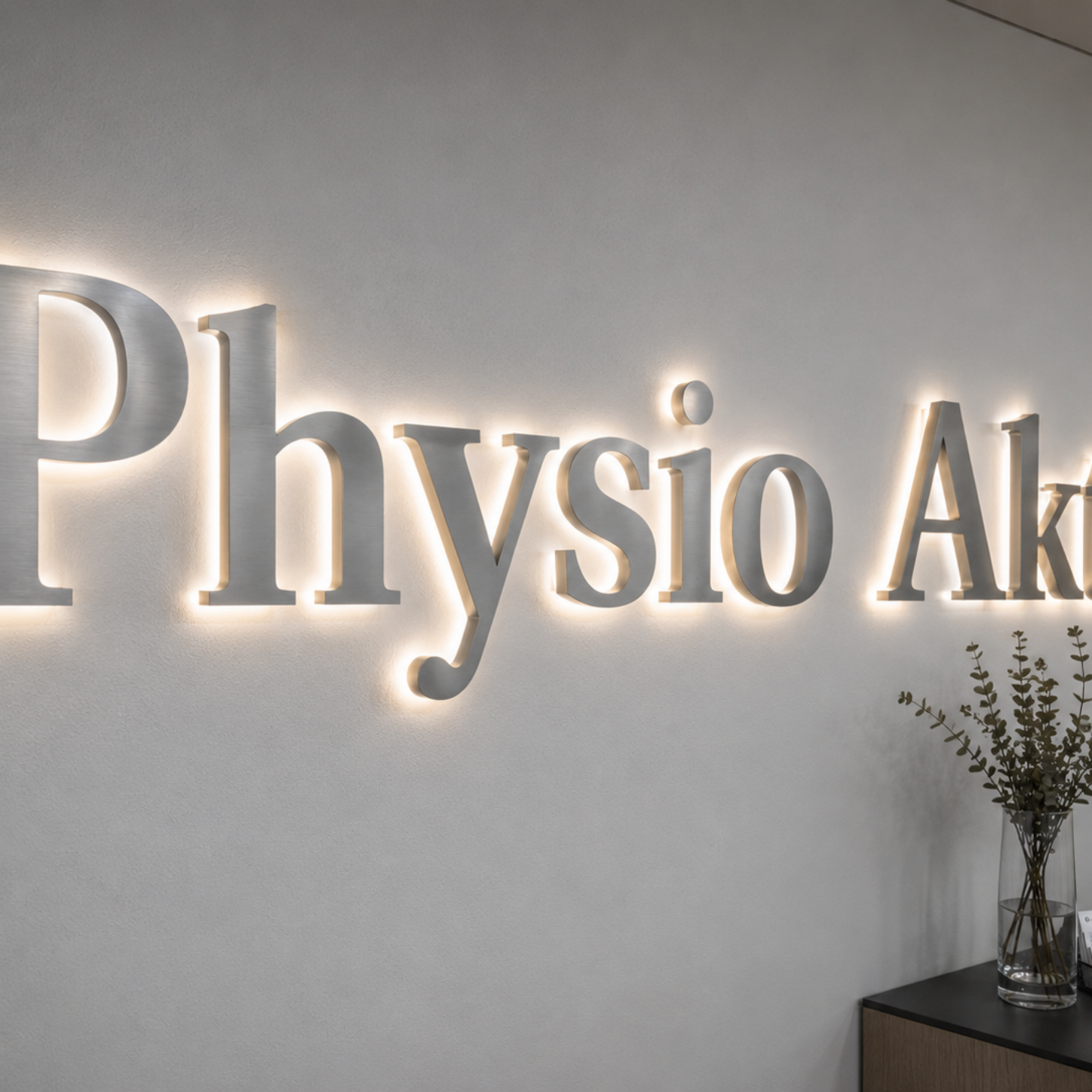 Wandbeschriftung "Physio Aktiv" aus Metallbuchstaben mit warmem Rücklicht, daneben Vase mit Eukalyptus auf Empfangstresen.