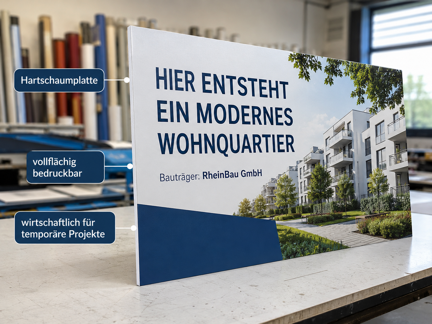 Werbetafel auf Hartschaumplatte mit Text "Hier entsteht ein modernes Wohnquartier", Rendering von Wohnhäusern und drei Beschriftungs-Buttons.