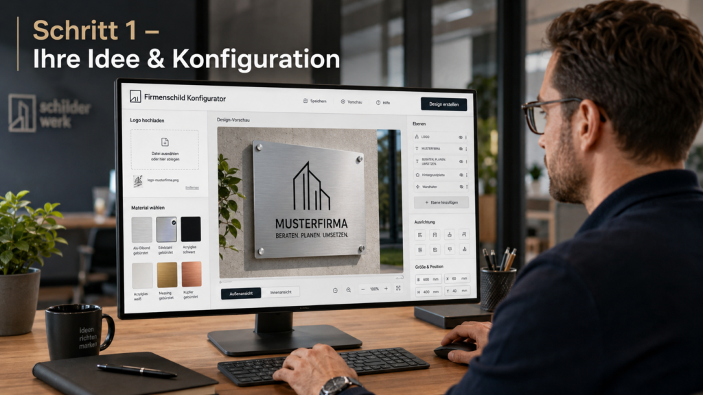 Mann sitzt am Schreibtisch und gestaltet auf einem Monitor ein Firmenschild im Konfigurator; Bildschirm zeigt Metallplakette mit Logo, Materialauswahl und Einstellungsmenü.