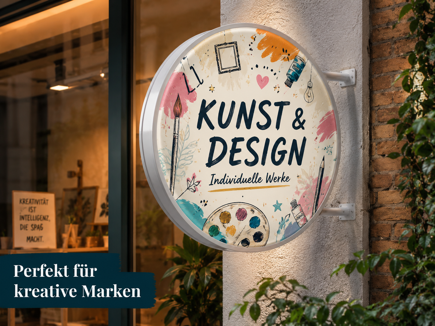Rundes Laden­schild mit Schrift "KUNST & DESIGN – Individuelle Werke" und bunten Malwerkzeugen vor Fenster und Ziegelwand.