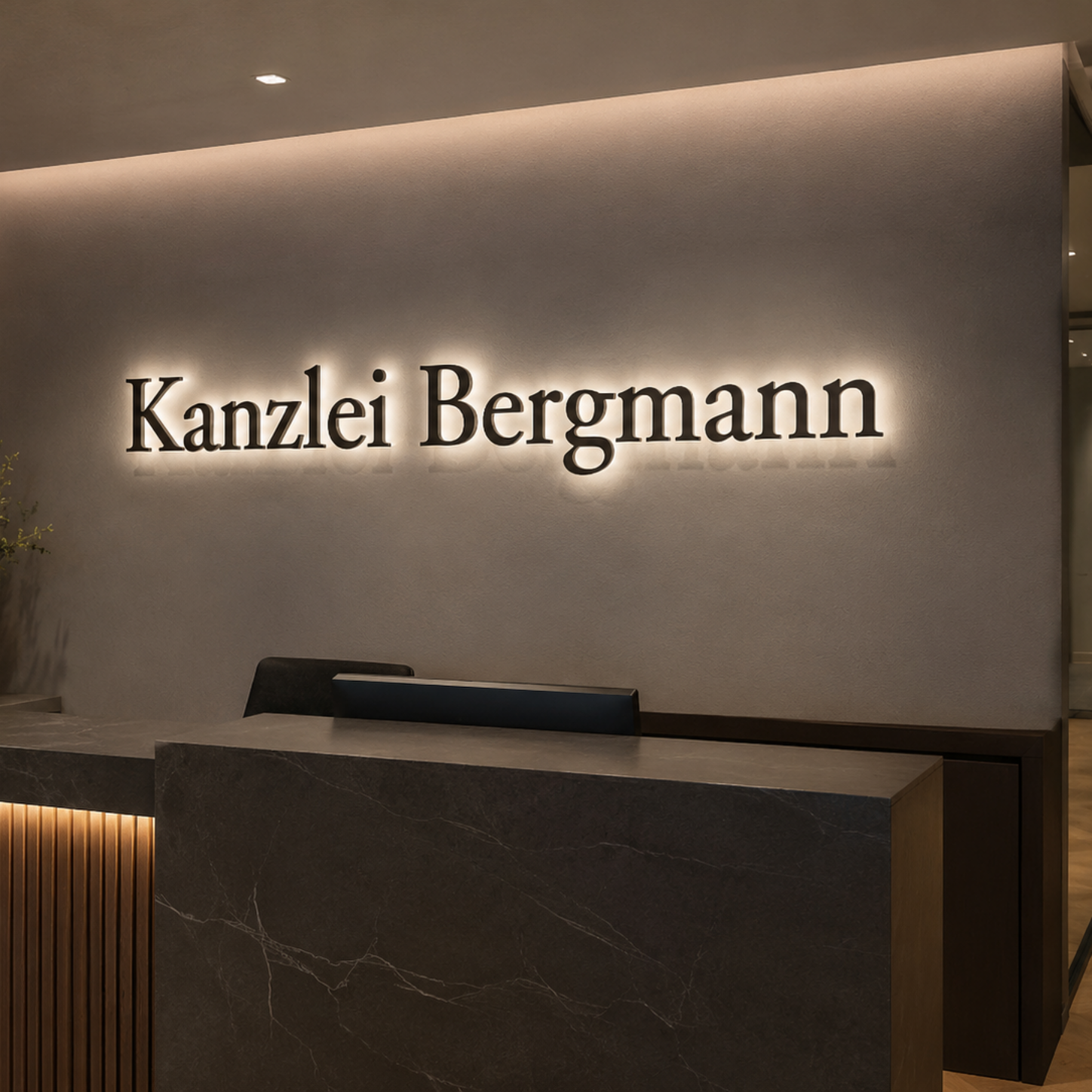 Empfangstresen mit dunklem Marmor, beleuchtetes Wandschild "Kanzlei Bergmann" und Vase mit Blumen in modernem Büroflur.