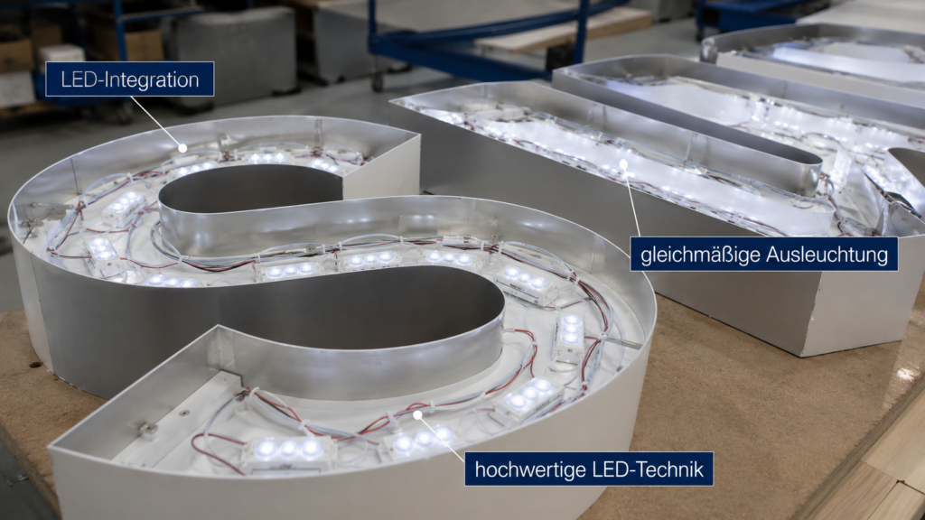 großes freistehendes Leuchtbuchstaben-Schild in Herstellerwerkstatt mit sichtbarer LED-Integration, Kabeln und gleichmäßiger Ausleuchtung