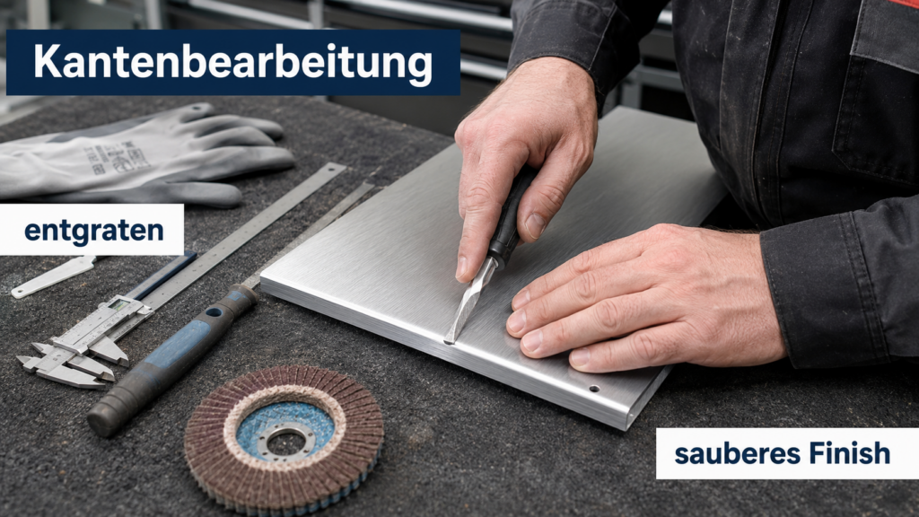 Hand schabt mit Werkzeug Grate von einer Aluminiumplatte, Werkzeuge und Handschuh im Werkstattbereich sichtbar.