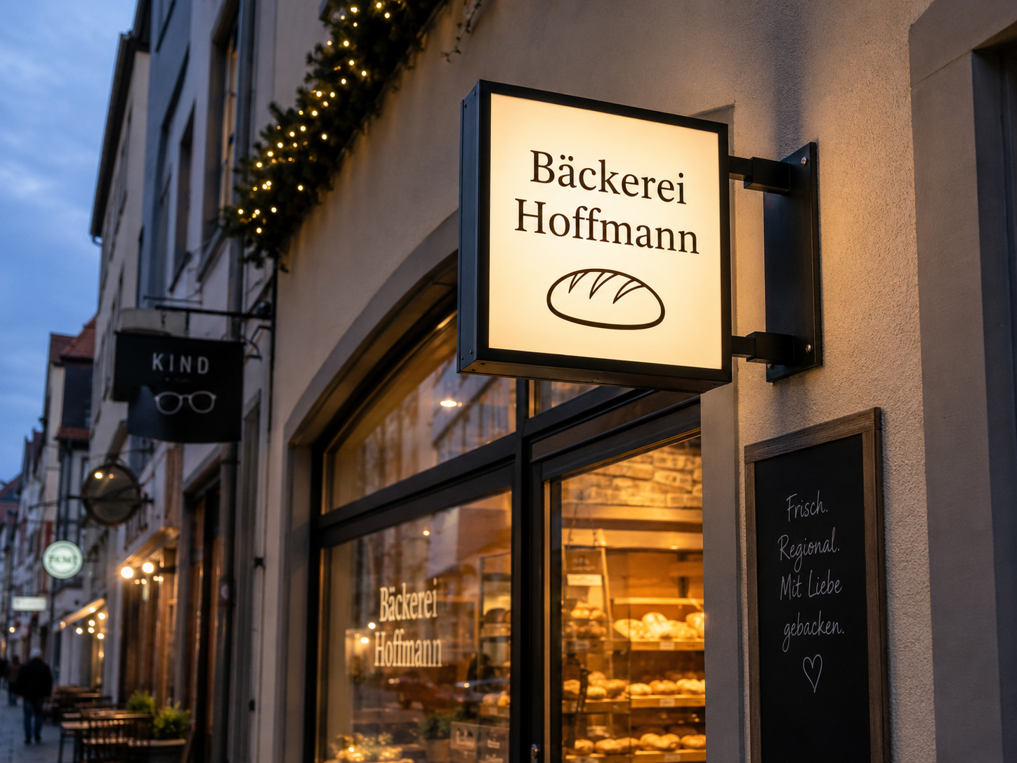 Leuchtendes Laden­schild „Bäckerei Hoffmann“ mit Brot-Logo über der Auslage voller Brötchen an einer Altstadtstraße.