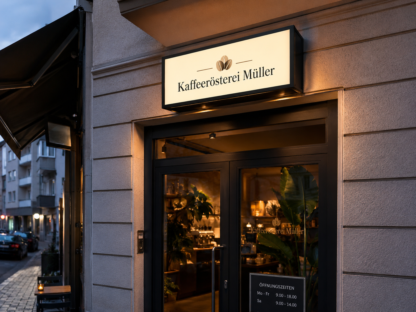 Eingang einer gemütlichen Kaffeerösterei mit beleuchtetem Schild „Kaffeerösterei Müller“ über gläserner Tür, warme Innenbeleuchtung sichtbar.