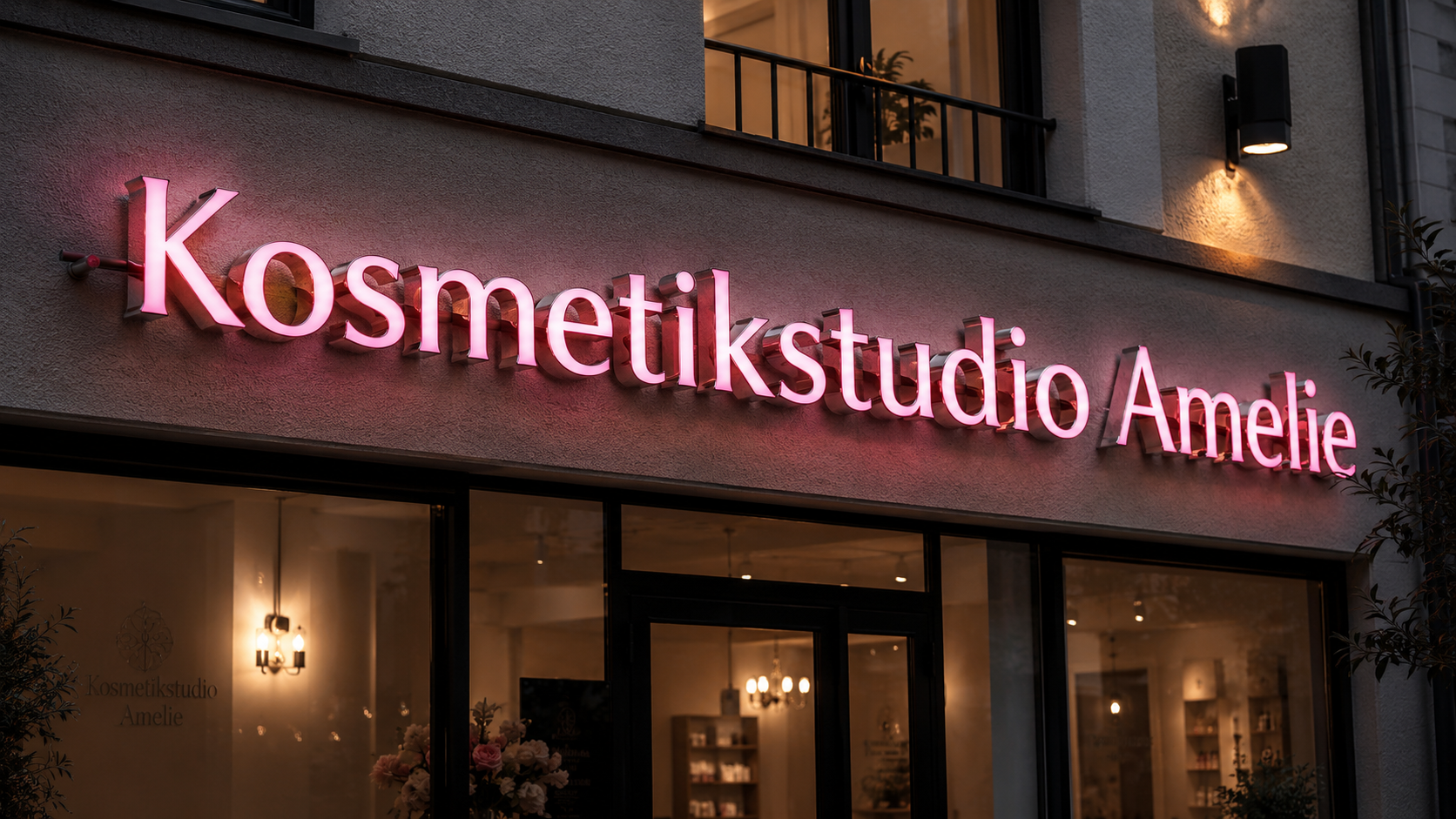 Leuchtendes pinkes Schild mit der Aufschrift "Kosmetikstudio Amelie" über dem Eingangsbereich eines Kosmetikstudios bei Dämmerung.