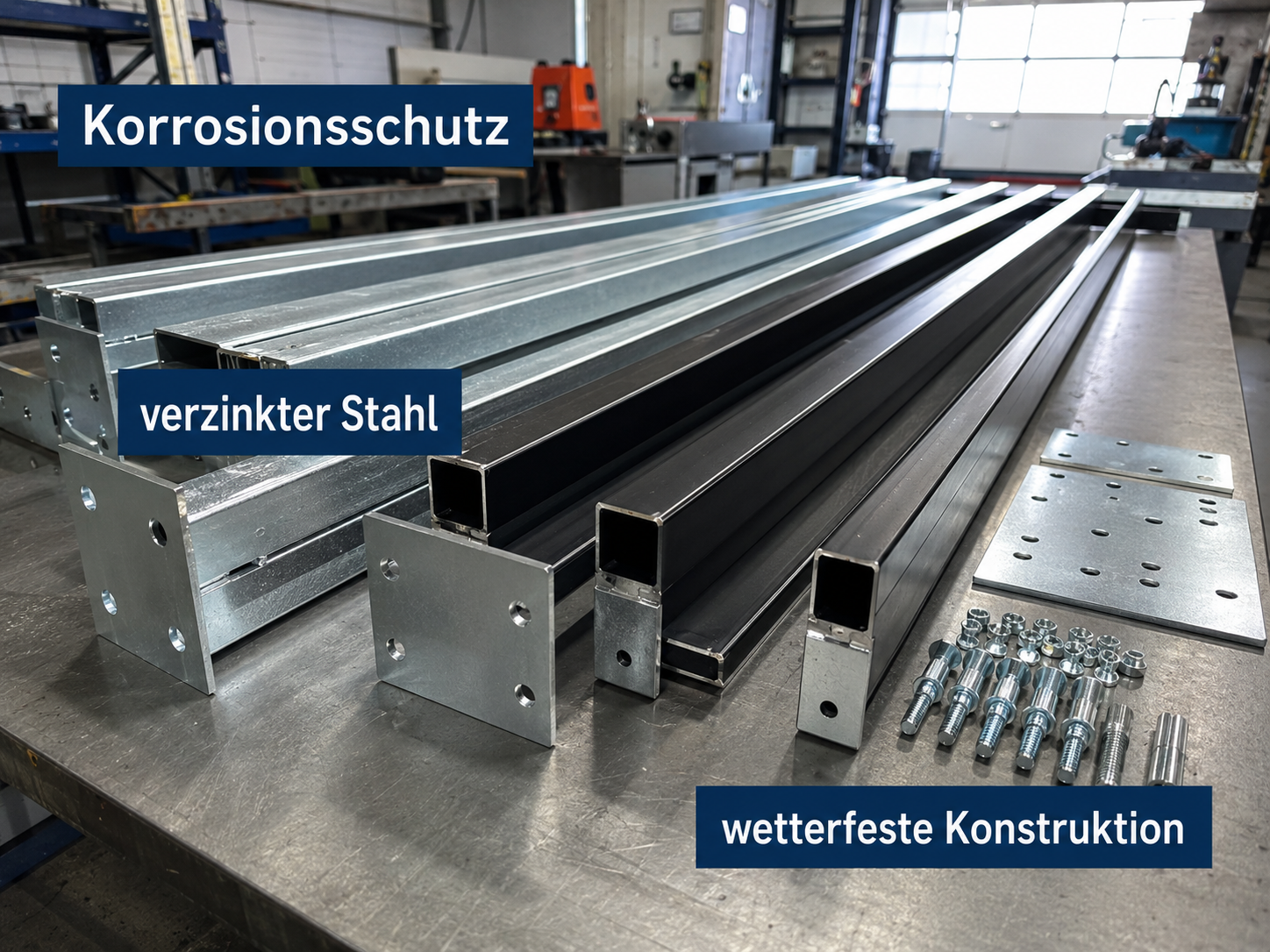 Verzinkte Stahlprofile und Schrauben auf Werkbank, mit Texten Korrosionsschutz und wetterfeste Konstruktion