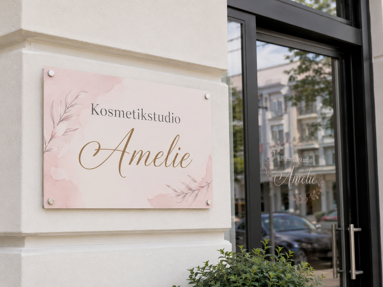 Schild mit rosé Aquarellhintergrund und goldener Schrift "Kosmetikstudio Amelie" neben glastür eines Stadtlokals, Pflanzen davor.