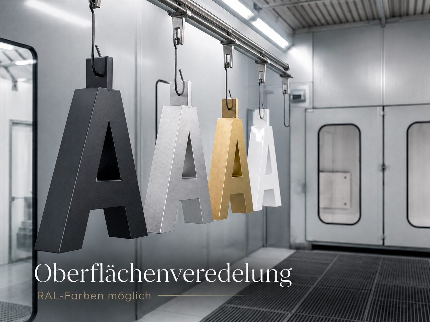 Vier große Buchstaben A in mattem Schwarz, gebürstetem Silber, Gold und glänzendem Weiß, hängend an einer Metallbahn in einer Lackierkabine; Text: Oberflächenveredelung.
