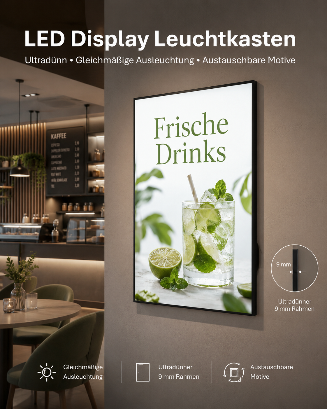 LED-Leuchtkasten an Caféwand mit Motiv "Frische Drinks", dünner schwarzer Rahmen, Café-Innenraum und Menütafel im Hintergrund.