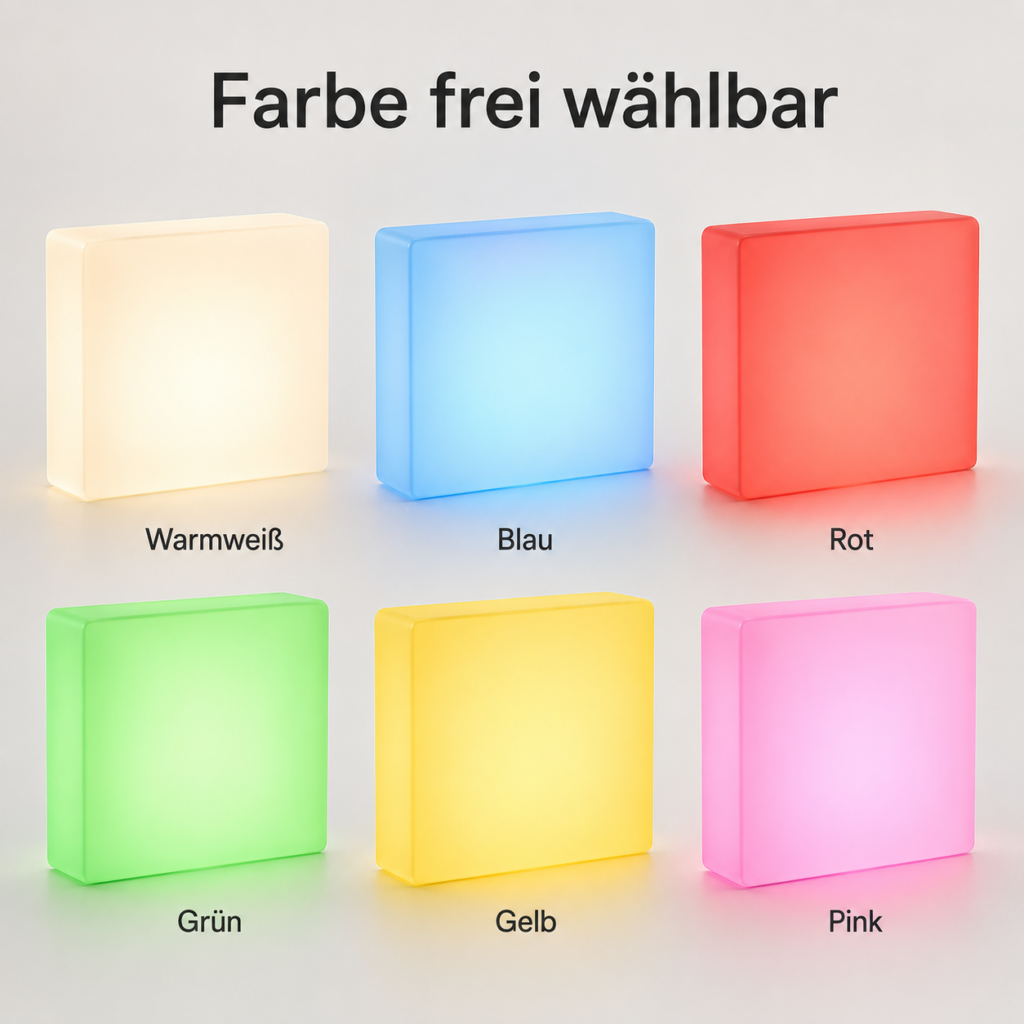 Sechs leuchtende quadratische Lampen in Reihen: Warmweiß, Blau, Rot oben; Grün, Gelb, Pink unten, mit der Überschrift "Farbe frei wählbar".