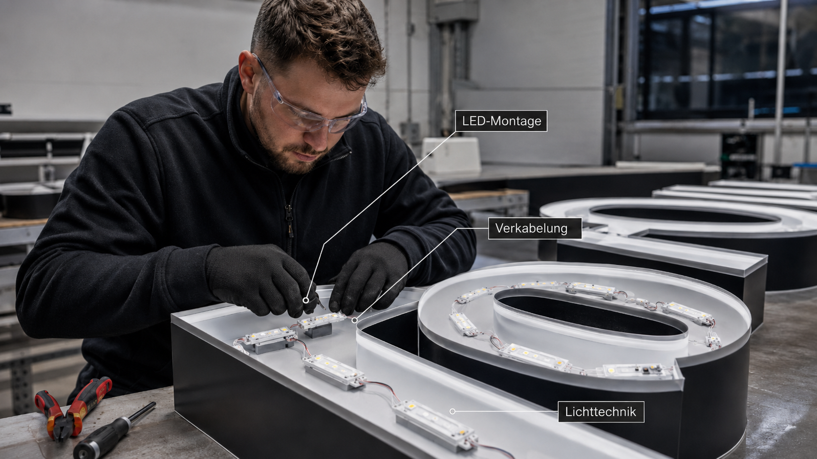 Handwerker mit Schutzbrille und Handschuhen montiert LED-Module und Verkabelung in einem großen beleuchteten Werbebuchstaben in Werkstatt.