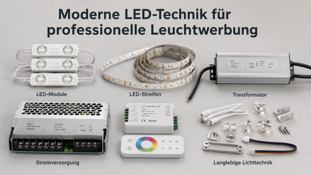 Verschiedene LED-Komponenten (Module, Streifen, Transformator, Netzteil, Controller und Zubehör) zur professionellen Leuchtwerbung.