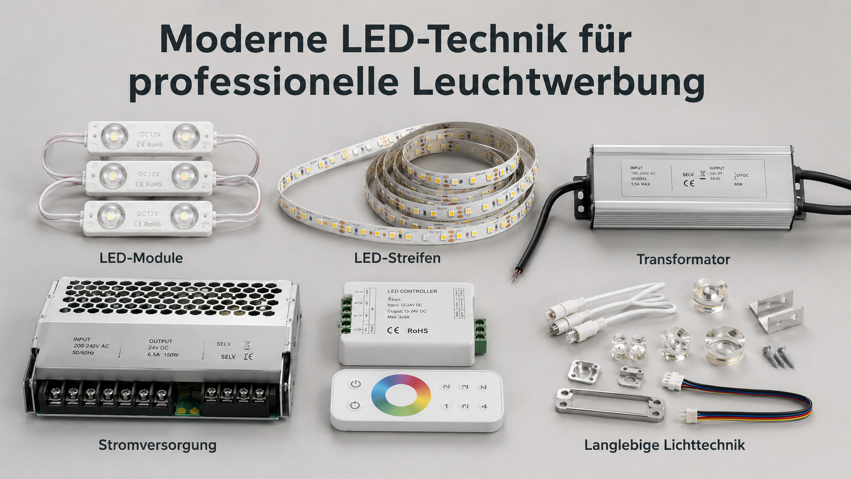 Verschiedene LED-Komponenten (Module, Streifen, Transformator, Netzteil, Controller und Zubehör) zur professionellen Leuchtwerbung.
