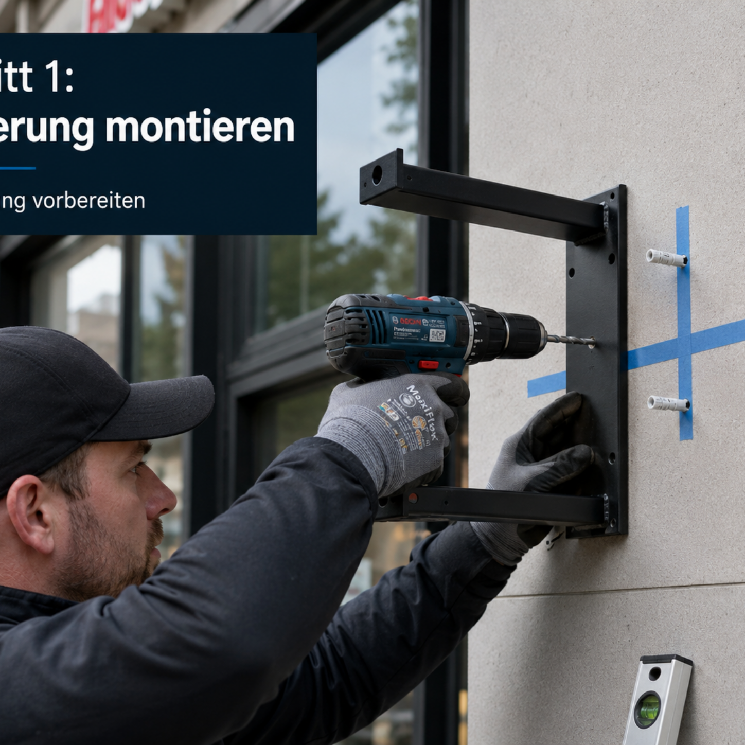Handwerker bohrt mit Akkubohrmaschine eine schwarze Metallhalterung an eine Fassadenwand, blaue Markierkreuze und Dübel sichtbar.