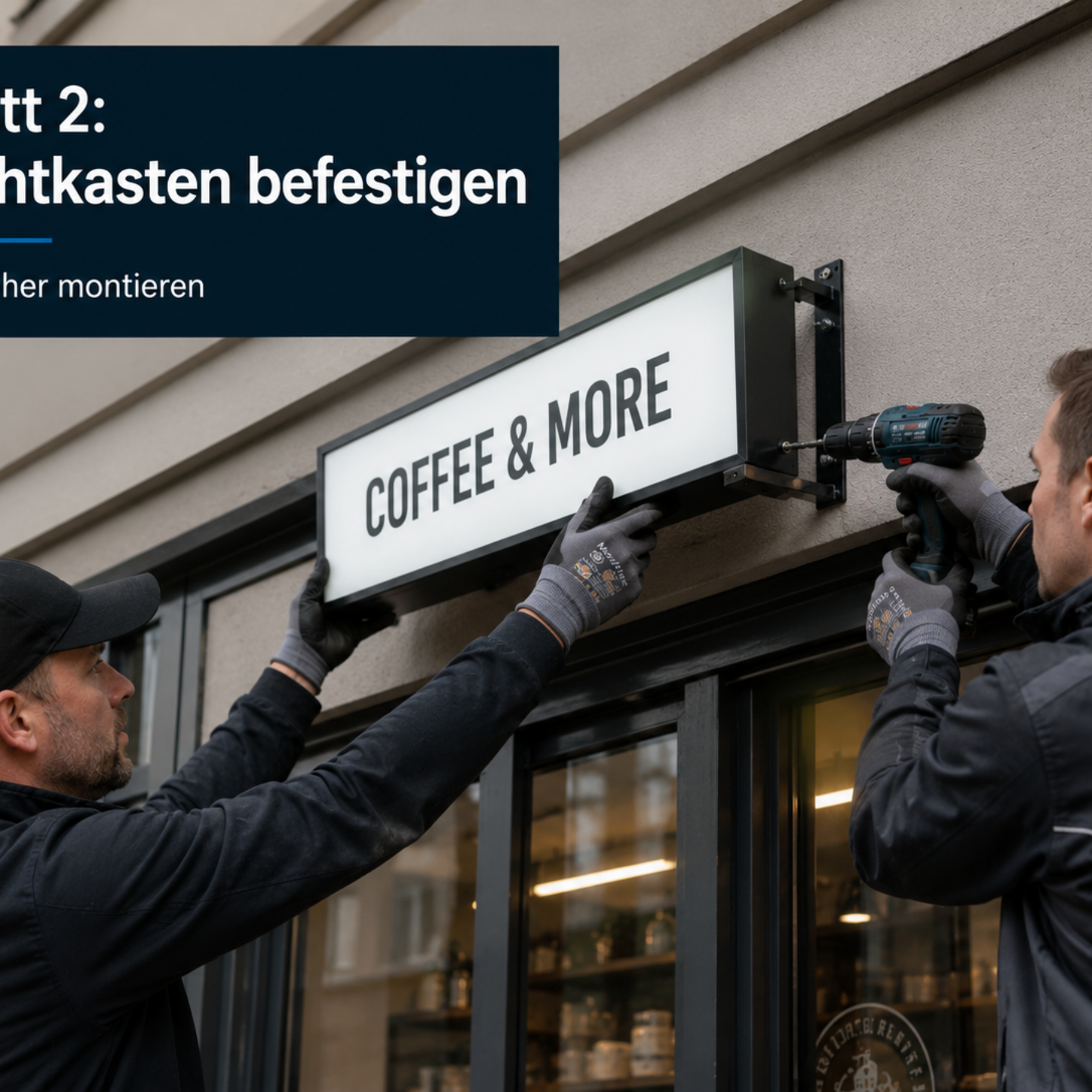 Zwei Handwerker befestigen mit Akku-Bohrer und Handschuhen ein rechteckiges Leuchtschild mit Schrift "COFFEE & MORE" über einem Caféeingang.