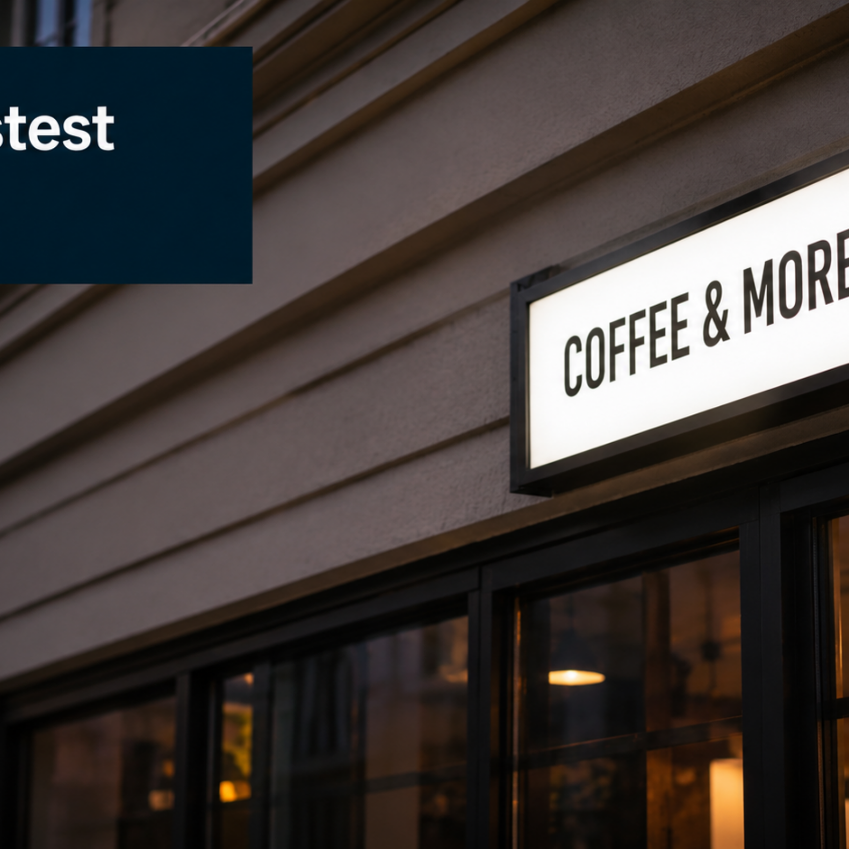 Außenfassade eines Cafés mit beleuchtetem Schild "COFFEE & MORE" und Abendlicht, dunkle Fenster mit Innenbeleuchtung.