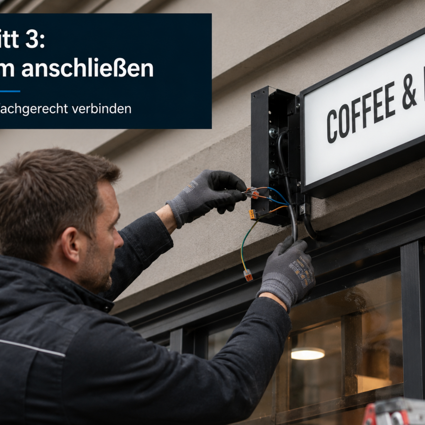 Elektriker verbindet Außenbeleuchtungskabel einer beleuchteten Ladenleuchte mit Schriftzug "COFFEE & MORE" an der Fassade.