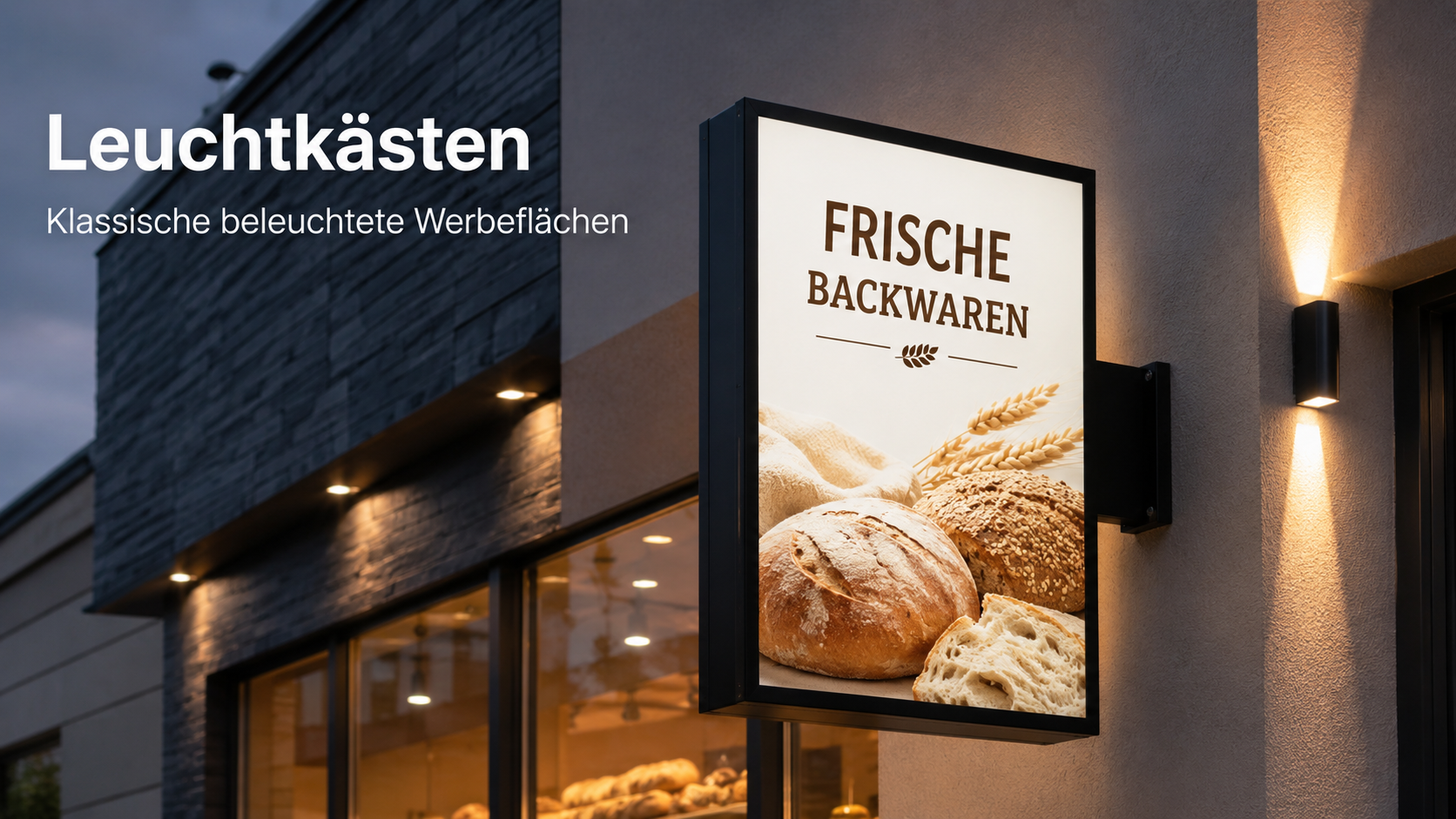 Leuchtkasten mit beleuchtetem Poster "Frische Backwaren" neben Außenwand, Abendbeleuchtung und Fassadenfenstern sichtbar.